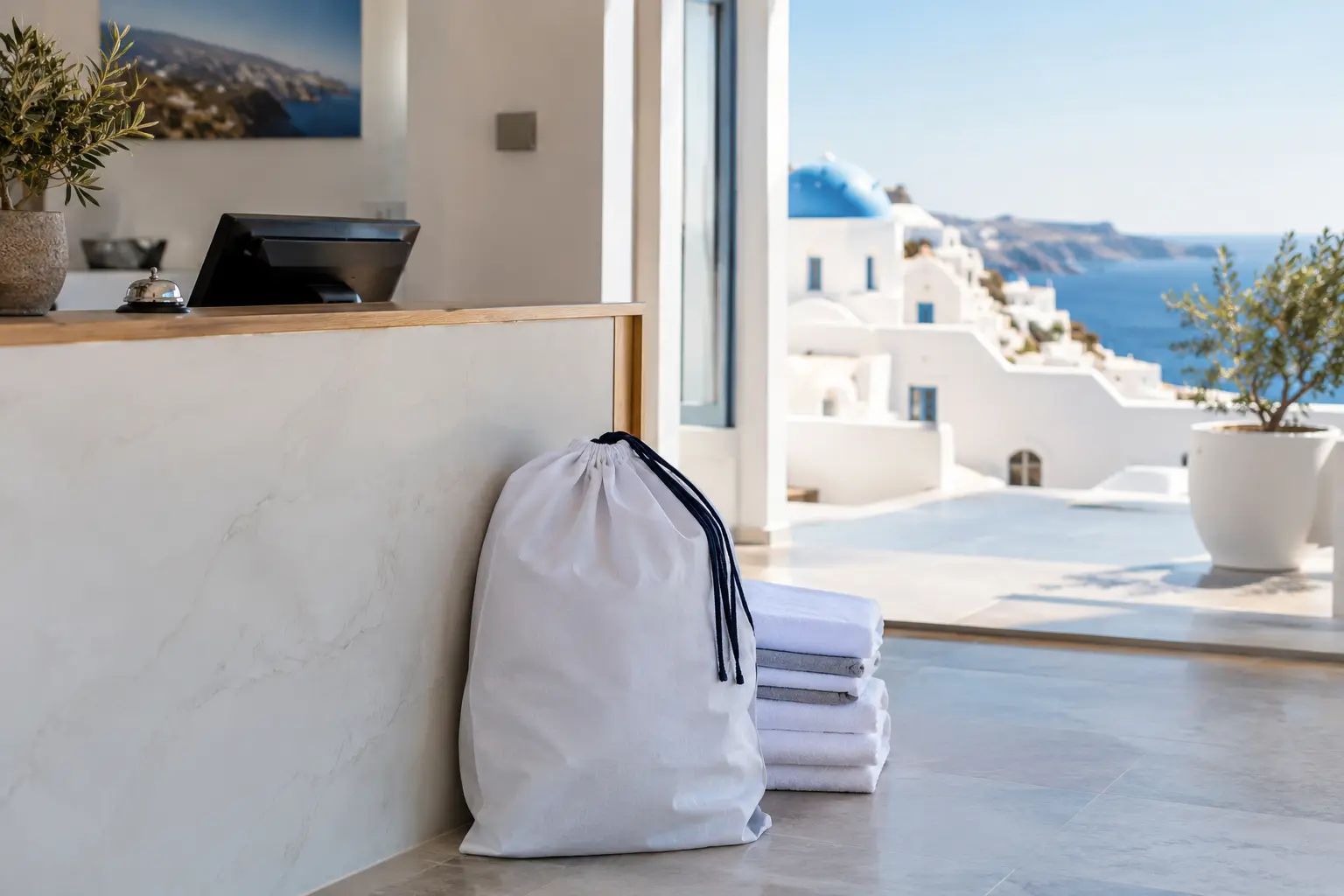 Hotel laundry pickup service in Oia Santorini with laundry bag at reception